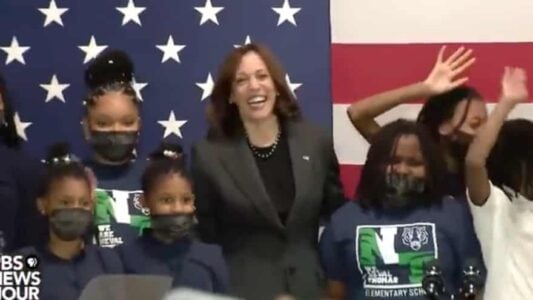 BUSTED! Barefaced Kamala Harris Poses for Photos with Masked School Children